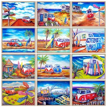 GATYZTORY Живопис по номер с цвят на рамката Автобусна рисунка върху платно Подаръчни картини по номера Комплекти Морски пейзаж Изкуство Домашен декор