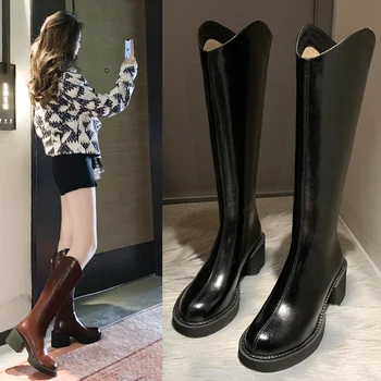черно бели жени коляното високи ботуши удобни квадратни петата кръг пръсти теле ботуши страничен цип кратко плюшени зимни обувки плюс размер43