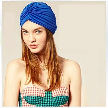 Жените Регулируема плувна шапка плувен басейн Шапка за къпане Защита на дълга коса Уши Тюрбан Нагънат плат Шапки Йога Caps Multi цветове