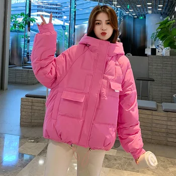 Зимно розово момиче Дамско облекло 2023 Корейска мода Loose Short Parkas Y2k дрехи Veste Hiver Femme фалшиво пухено яке