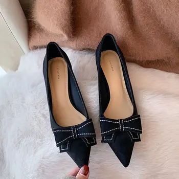 2023 Нови жени Flats Заострена единична обувка пролет стил Toe Bowknot Black Plus Дамски обувки с плосък ток Ежедневни сапатиляс комода