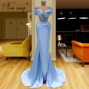 Синя русалка от рамото вечерни рокли плюс размер почистване влак жени коктейл абитуриентски рокля арабски Дубай Beaded парти нощници
