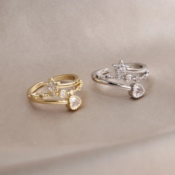 2023 Ново пристигане Циркон сърце звезда регулируеми пръстени за жени деликатни бижута 14k злато цвят сватба кристални пръстени