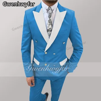 Gwenhwyfar 2022 Най-новите сини мъжки сватбени костюми Бели изрязани ревера Мъжки костюми 2 части яке панталони облекло Homme Mariage