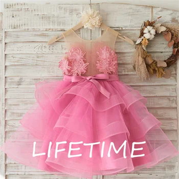 Puffy розово цвете Emboridery Причастие рокля момиче тюл слоеве цвете момиче рокля без гръб бебе малка булка рокли топка рокля
