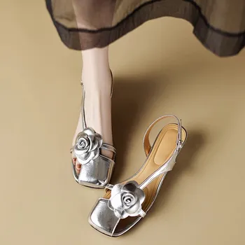 Мода Дамски сандали Летни помпи за жени Офис обувки 3,5 см високи токчета цвете твърди парти работа токчета обувки женски Sandale