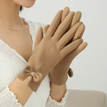 Жените на открито колоездене кашмир топли ръкавици сладък лък бродерия тънък плюс кадифе сензорен екран шофиране ръкавици перчатки женские