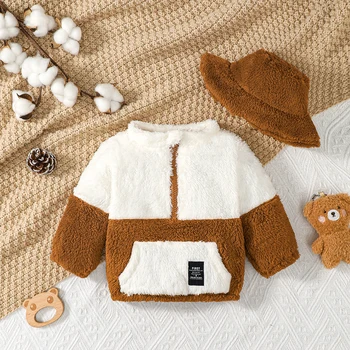 3 месеца -2 години палто яке бебе бебе деца стари зимни руно стил тенденция бял кафяв пачуърк цип пуловер + шапка