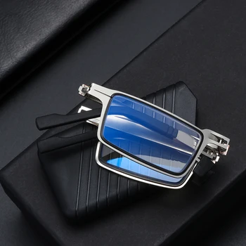 Anti Blue Light Сгъваеми очила за четене Мъже Метални квадратни очила Сгъваеми очила за пресбиопия Диоптър +1.0 до +4.0 с кутия