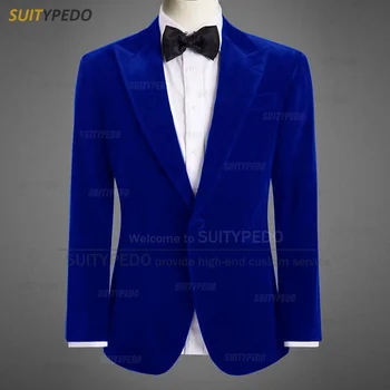 Royal Blue Velvet Blazers for Men Fashion Slim Fit 1 Button Suit Jacket 2023 Луксозен абитуриентски бизнес сватбен смокинг палто 1 брой