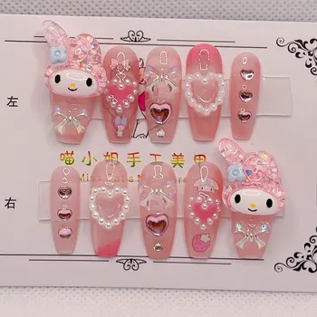 Hello Kitty False Nail Kawaii Sanrio аксесоари аниме Y2k Kuromi пълнител фалшив дизайн на ноктите сменяем маникюр бижута момиче подарък