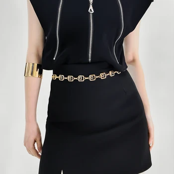 Луксозна мода жени метална верига колан дизайнер марка голям метален пръстен талията каишка рокля палто пола дама декоративни колан