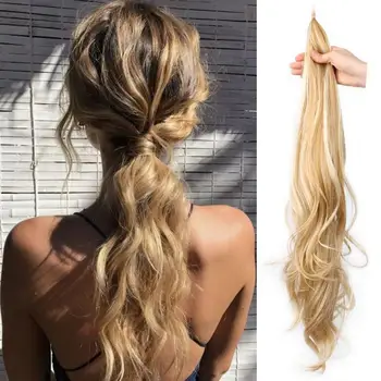 Жените дълго конска опашка вълнообразни къдрави перуки висока температура коприна коса разширение перуки мода пухкав цвят перука парче коса продукт