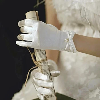 1 чифт дамски летни тънки къси сатенени еластична етикет рокля всички пръст ръкавици елегантен перла сватбена рокля парти аксесоари