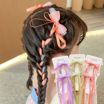 2023 Деца дълга панделка коса лък фиби Нови корейски сладки момичета пискюл щипки за коса Елегантни плетени щипки за коса Аксесоари за коса