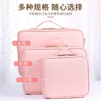 Професионална преградна розова PU кожена козметична чанта