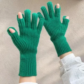 Нови ръкавици със сензорен екран за игра на телефон жени зимни сгъстяват топли плетени стреч ръкавици пълен пръст на открито ски ръкавици Y2K
