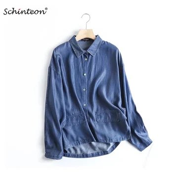 Schinteon жени тънък деним риза завой-надолу яка случайни прост плътен цвят хлабав памук над размер удобни дънки блуза отгоре