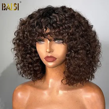Baisi Deep Wave перуки от човешка коса с бретон 200 плътност 1B # 4 кафяви цветни перуки къси къдрави боб перука пълна машина Remy коса