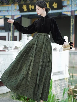 Китайски национален стил Подобрен печат с мастило Конско лице плисирана макси пола съвпадение черно кадифе върховете жени случайни фантазия костюм