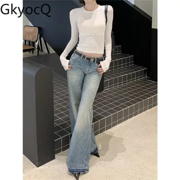 GkyocQ Дамски дънки Hot Girl Feng Micro Denim Pants Winter Solid Wide Leg Straight High Street Jean Korean Fashion Clothing