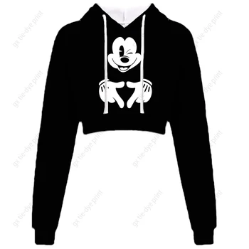 Есен Disney Мини Мики Маус печат жени тънки качулки изрязване суичъри Harajuku Crop Top Hoodie дълъг ръкав пуловери y2k
