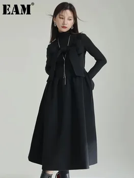 EAM Дамски Bow Bandage Spliced Long Black Elegant Woolen Dress New Sleeveless Loose Fit Fashion Tide Autumn Winter 2024 1DF3527