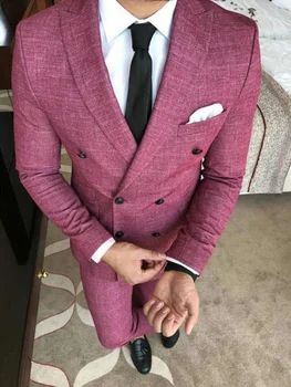 Raspberry Red Double Breasted Men Suit For Wedding Formal Occation 2Pcs Jacket + Pants Custom Made Slim Fit Tuxedo Blazer Trousers