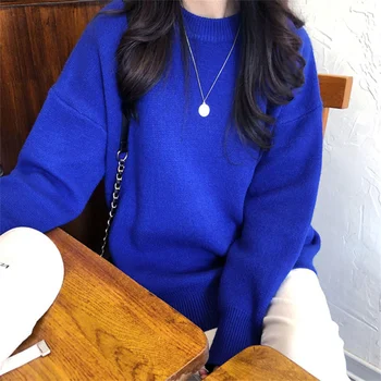 Жени Есен Зимни пуловери O врата дълъг ръкав хлабав плетене джъмпери върховете 2023 Корейска мода Нова есен Зима Сини пуловери
