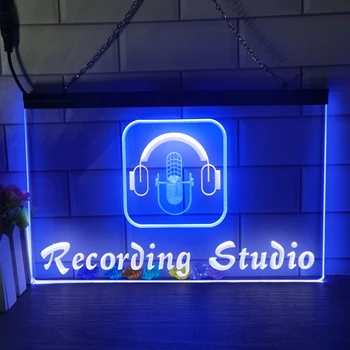 Звукозаписно студио микрофон 2 цветен дисплей LED неонов знак Начало декор Нова година стена сватба спалня