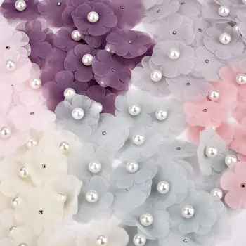 10Pcs Органза 3D цветни лепенки DIY Шиене на шапки Брошки Декорация на дрехи Стикери Занаятчийски аксесоари за шиене на перли
