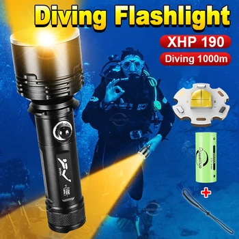 Супер ярко фенерче за гмуркане Жълта светлина акумулаторна XHP190 Водолазна горелка 1000m Подводна лампа IPX8 Водоустойчива светлина