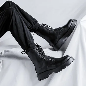 Британски стил мъжки ботуши черен прилив ежедневни обувки дантела нагоре естествена кожа платформа обувка красив висок мотоциклет botas zapatos
