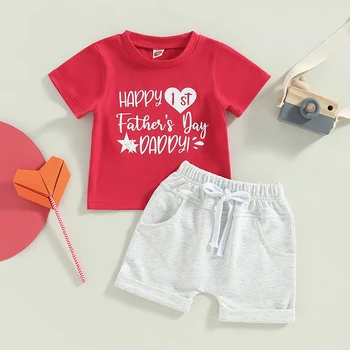 Малко дете бебе момчета Ден на бащата облекло екипировки лято писмо печат къс ръкав тениска и ежедневни еластични шорти комплект