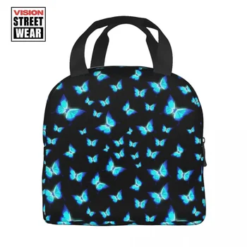 Светещи сини пеперуди модел изолирани обяд чанта за непропускливи пеперуда термичен охладител Bento Box плаж къмпинг пътуване