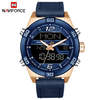 NAVIFORCE Топ луксозна марка мъже военни спортни часовници Мъжки водоустойчив кварцов ръчен часовник Мъжка кожа Led цифров часовник 9128
