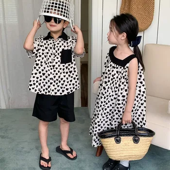 Брат и сестра сестра изглежда лято любов печат момче дрехи комплект момиче жартиера рокля корейски стил семейство съвпадение екипировки чай поглед