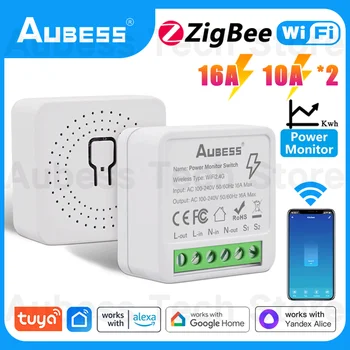 AUBESS Интелигентна домашна автоматизация WiFi / ZigBee превключвател с монитор за захранване, за Алис Алекса Google Home Tuya Smart Life, 10/16A 1/2Gang