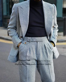Fashion Gray Herringbon Men Suits Peaked Lapel Groom Wedding Tuxedos 2 броя комплекти мъжки абитуриентски блейзъри Slim Fit Terno Masculino