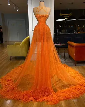 ToBeBridal A-line Orange Bling Lots Пера Официални рокли за повод Bling Vestidos de Fiesta Elegantes Дамски рокли TBE003