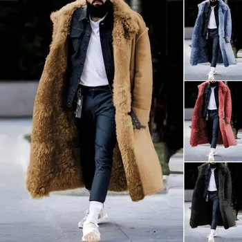 Зимни мъжки палта Midi-дължина изкуствена кожа сгъстяване топло палто високо качество мъжки хлабав ветроупорен връхни дрехи