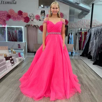 Itsmilla Off-the-Shoulder гореща розова рокля за абитуриентски бал от органза с мъниста Линия Ruched жени дълги официални вечерни рокли