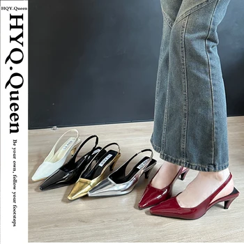 Мода прашка високи токчета плитки помпи обувки за жени Ново през 2024 г. Приплъзване на женски заострени пръсти обувки Дамски токчета