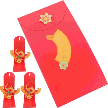 4 бр. 2024 година на дракона 3D триизмерна червена плик чанта (Xianlong) 4бр хартия за подаръчни карти