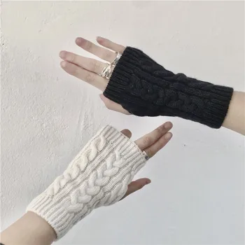 Плетени ръкавици женски есенни и зимни отворени ръкавици с пръсти мъжки предпазител на китката топъл половин пръст вълнени ръкавици плътен цвят студент