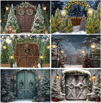 Снежинка Зима Коледа борови дървета Коледа празник декори улица дървена врата нощ фонове фотографско студио снимка