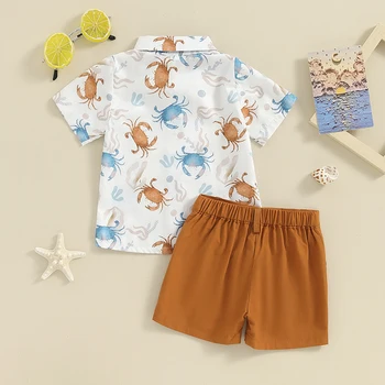 Малко дете бебе момче летни дрехи рокля облекло печат къс ръкав бутон надолу папийонка риза и шорти набор