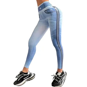 Тренировка тласък нагоре тънък дамски панталони изкуствена деним дънки гамаши цип дупка печат висока талия еластични панталони бягане фитнес спорт