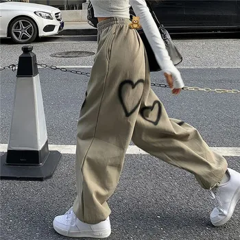 Корейски оверсайз панталони сърце печат панталони случайни хлабав висока талия Hallen панталони Streetwear хип-хоп прави панталони джогинг