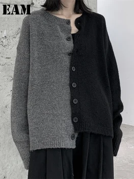 EAM цветен блок голям размер черно плетене жилетка пуловер хлабав годни дълъг ръкав жени нова мода есен зима 2024 1DF2470